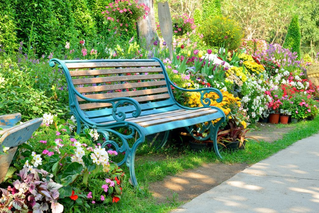 Colorful garden with benches