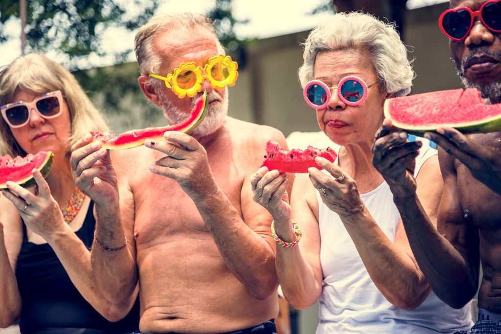 Seniors eating watermelon