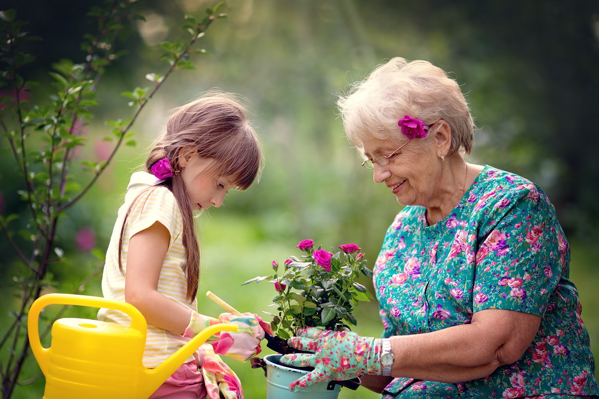 Granny & granddaughter gardening